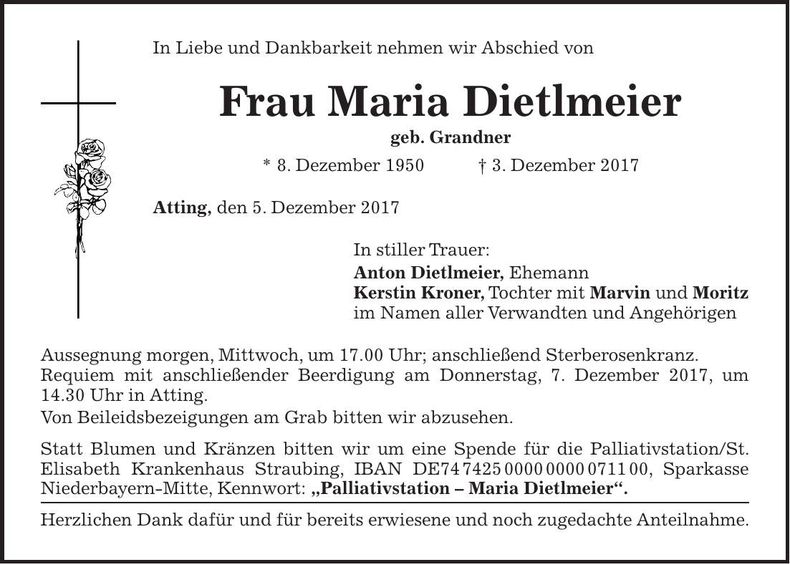 Traueranzeige Maria Dietlmeier