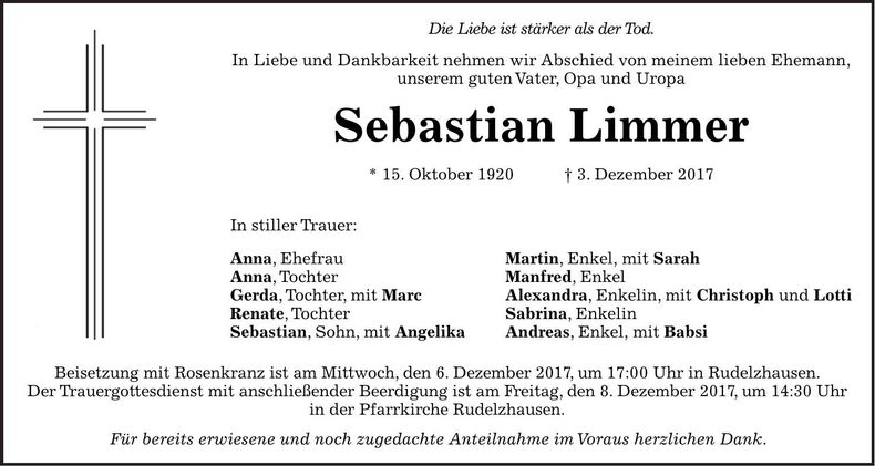 Traueranzeige Sebastian Limmer