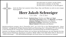 Traueranzeige Jakob Schweiger