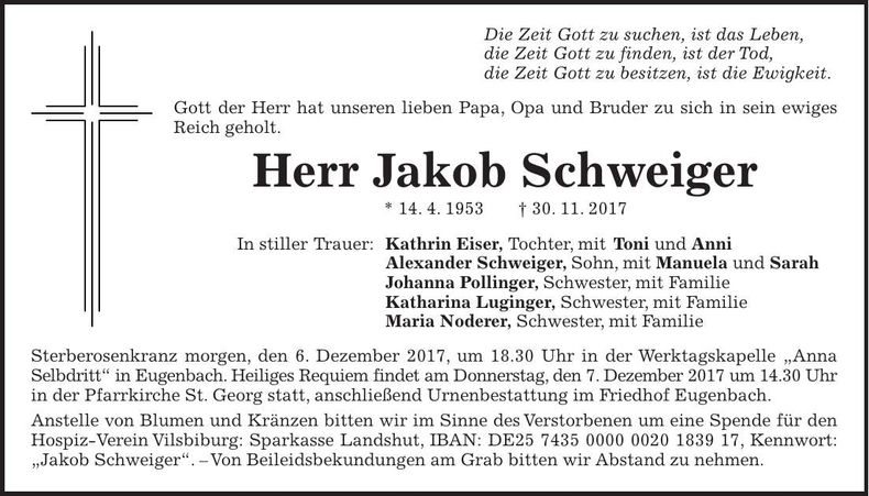 Traueranzeige Jakob Schweiger