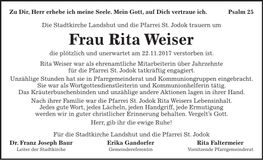 Traueranzeige Rita Weiser