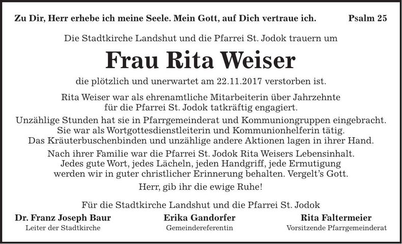 Traueranzeige Rita Weiser