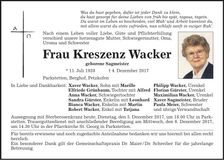 Traueranzeige Kreszenz Wacker
