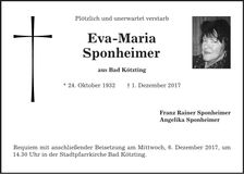 Traueranzeige Eva-Maria Sponheimer