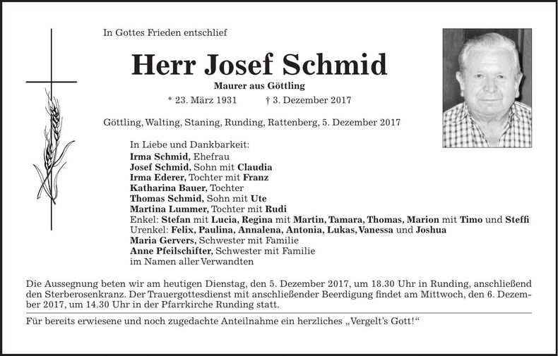 Traueranzeige Josef Schmid