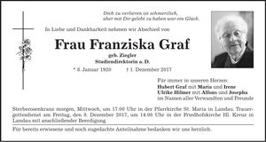 Traueranzeige Franziska Graf