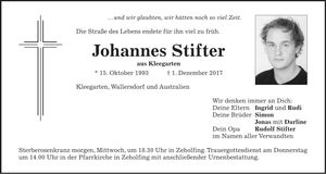 Traueranzeige Johannes Stifter