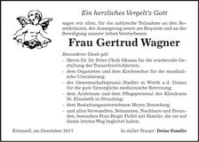 Traueranzeige Gertrud Wagner