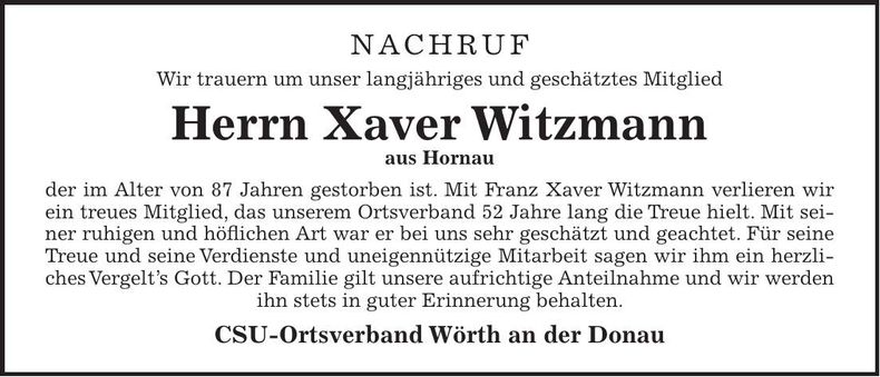 Traueranzeige Franz-Xaver Witzmann