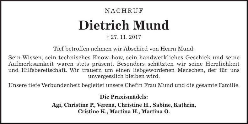 Traueranzeige Dietrich Mund