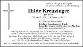 Traueranzeige Hilde Kreuzinger