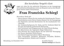 Traueranzeige Franziska Schiegl
