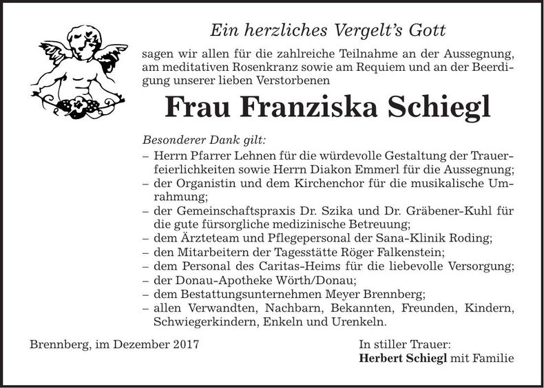 Traueranzeige Franziska Schiegl