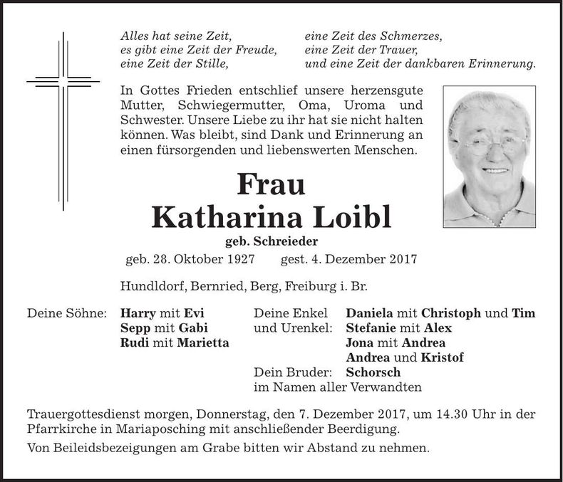 Traueranzeige Katharina Loibl