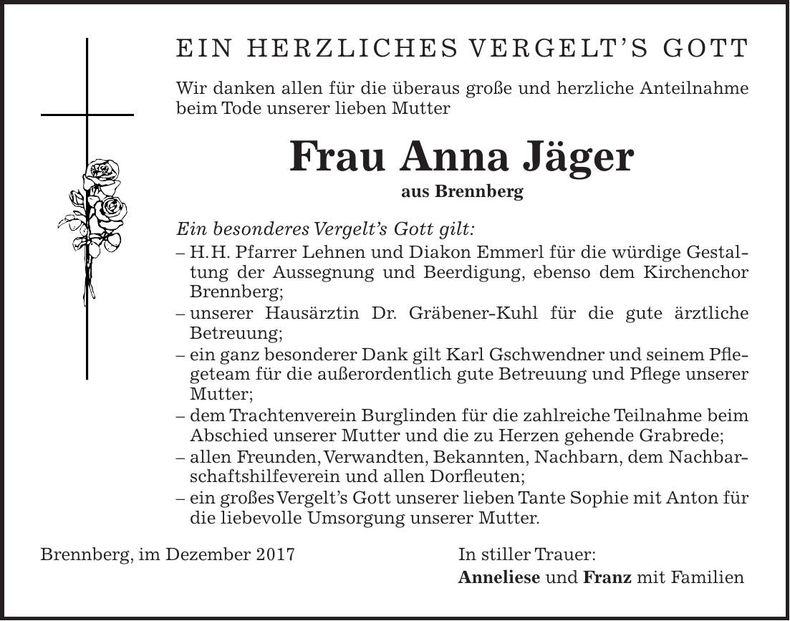 Traueranzeige Anna Jäger
