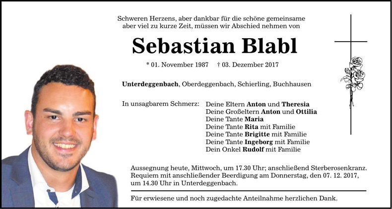 Traueranzeige Sebastian Blabl