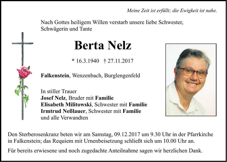 Traueranzeige Berta Nelz
