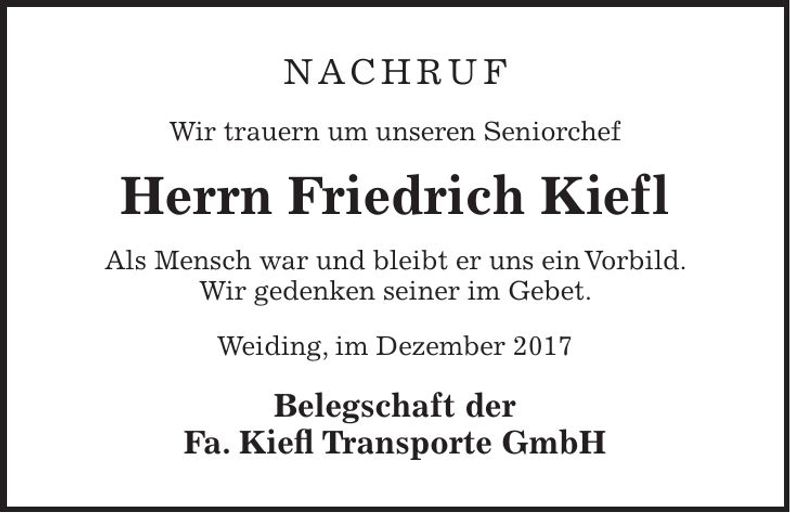 Traueranzeige Friedrich Kiefl