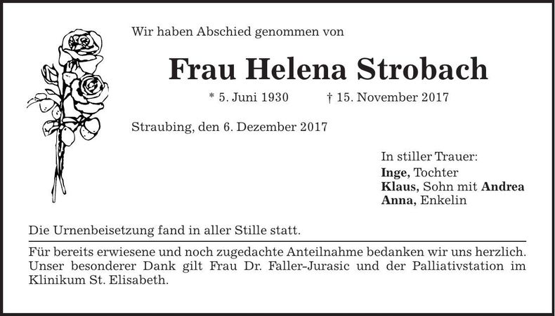 Traueranzeige Helena Strobach