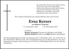 Traueranzeige Erna Kerner