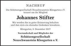 Traueranzeige Johannes Stifter
