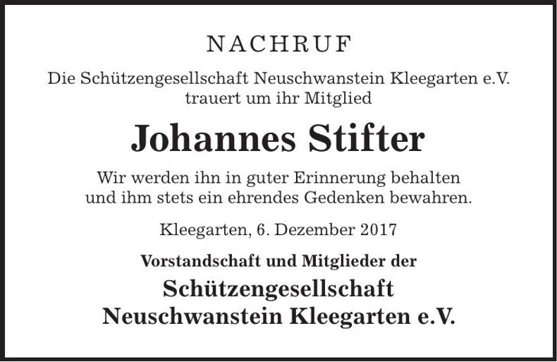 Traueranzeige Johannes Stifter