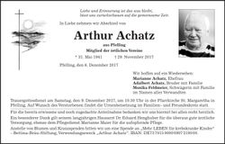 Traueranzeige Arthur Achatz