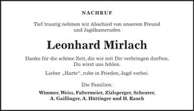 Traueranzeige Leonhard Mirlach