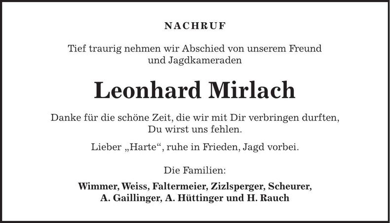 Traueranzeige Leonhard Mirlach