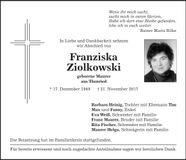 Traueranzeige Franziska Ziolkowski