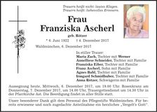 Traueranzeige Franziska Ascherl