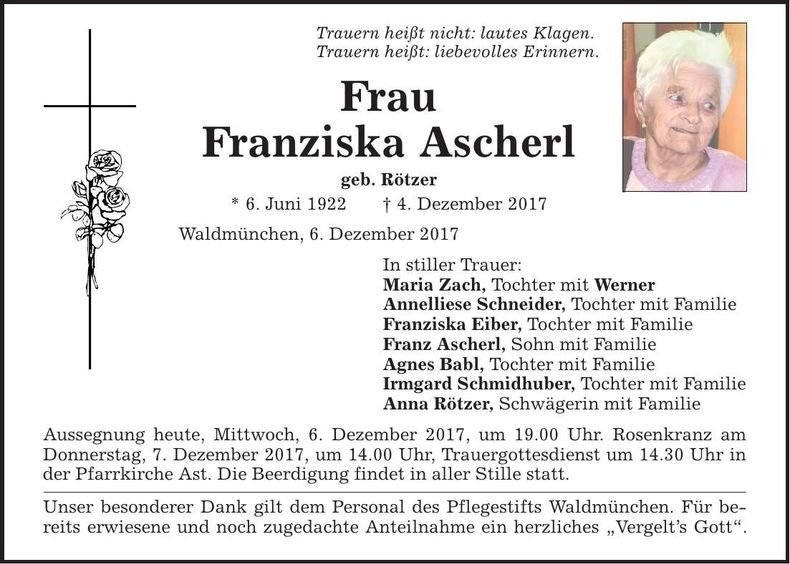 Traueranzeige Franziska Ascherl