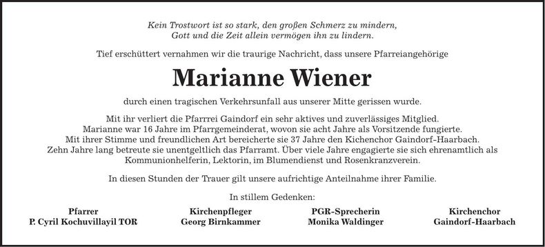 Traueranzeige Marianne Wiener