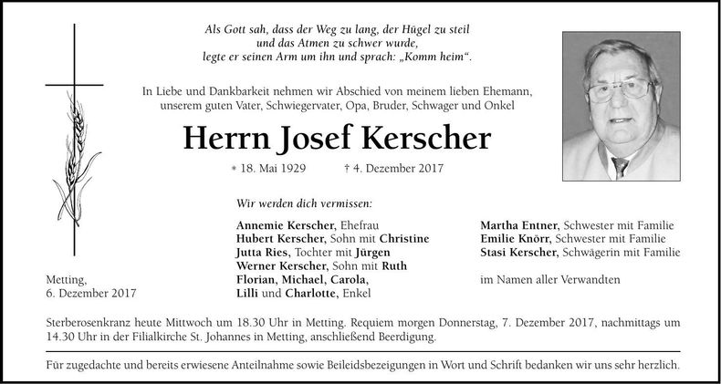 Traueranzeige Josef Kerscher