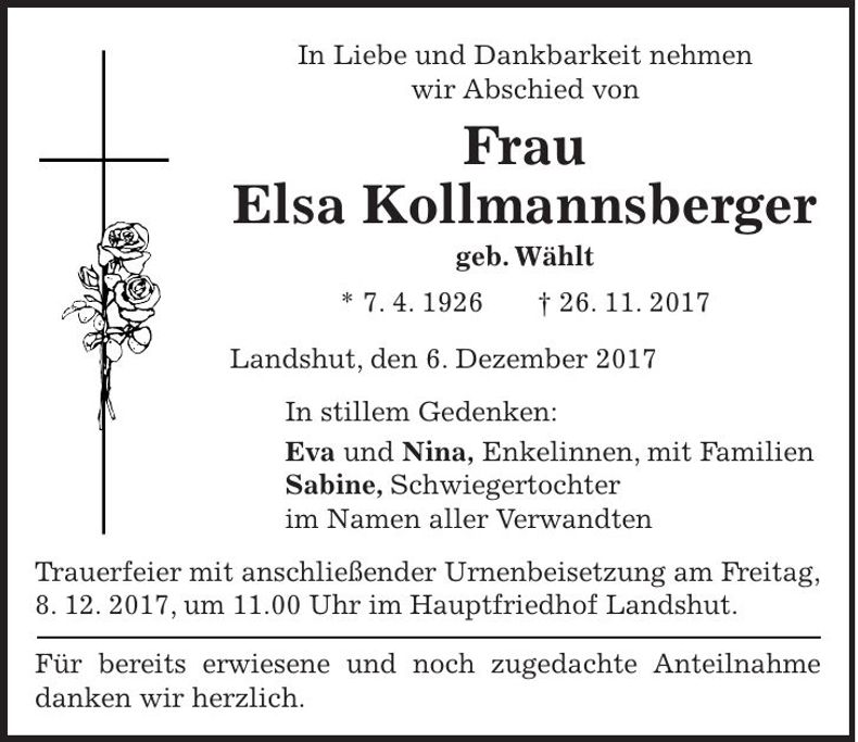 Traueranzeige Elsa Kollmannsberger