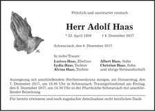 Traueranzeige Adolf Haas