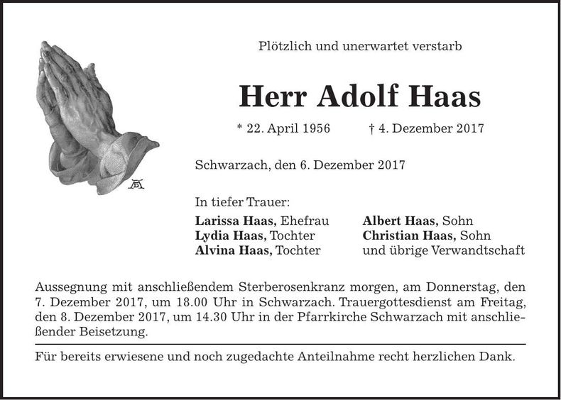 Traueranzeige Adolf Haas
