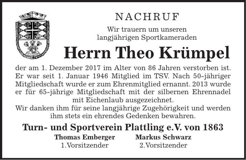 Traueranzeige Theo Krümpel