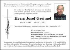 Traueranzeige Josef Greimel