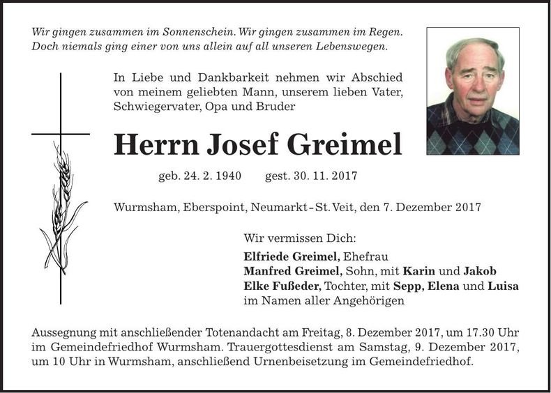 Traueranzeige Josef Greimel