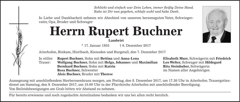 Traueranzeige Rupert Buchner