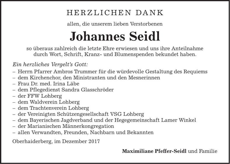 Traueranzeige Johannes Seidl