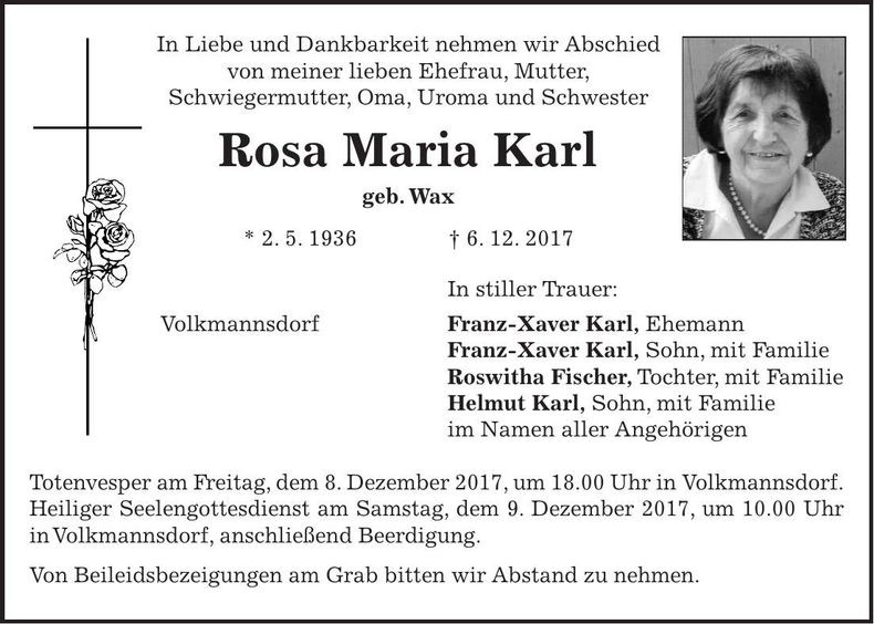 Traueranzeige Rosa Maria Karl