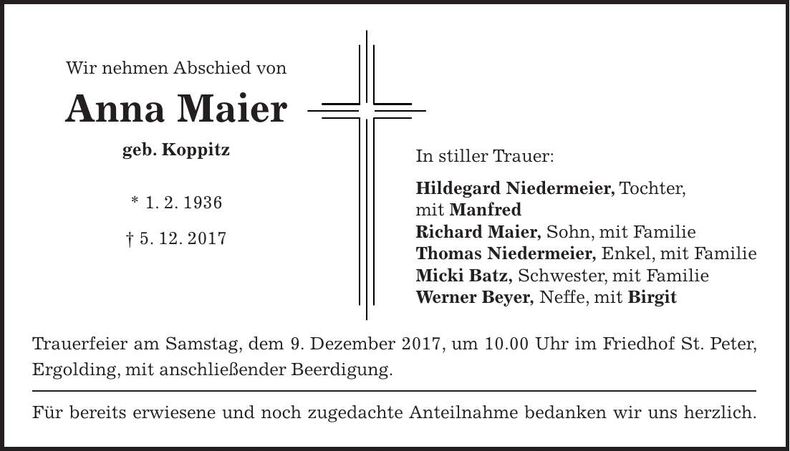 Traueranzeige Anna Maier