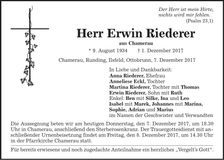 Traueranzeige Erwin Riederer