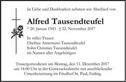 Traueranzeige Alfred Tausendteufel