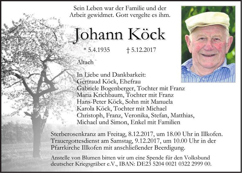 Traueranzeige Johann Köck