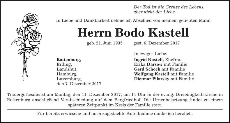 Traueranzeige Bodo Kastell