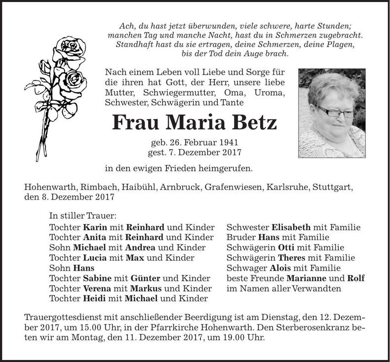 Traueranzeige Maria Betz