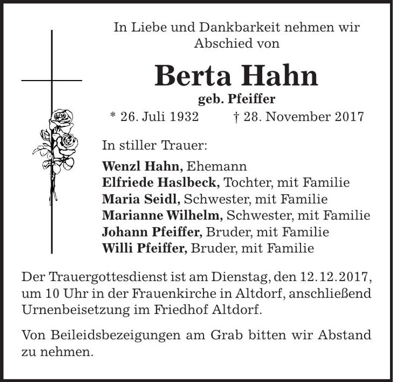 Traueranzeige Berta Hahn